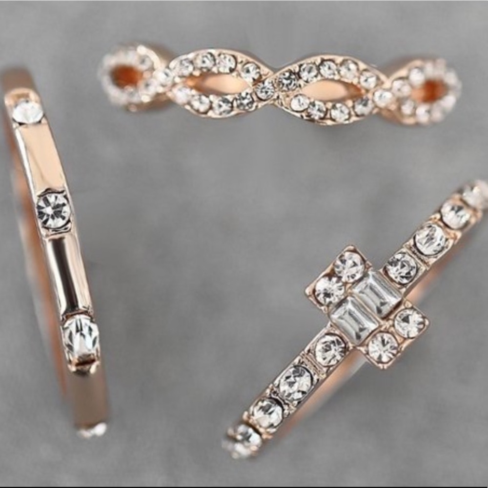 🆕 3 Rose Goldtone & Rhinestone Stack Ring Set-7